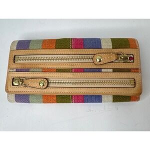Coach Bonnie Legacy Multi Color Striped Canvas w Vachetta Leather Wallet Zippers
